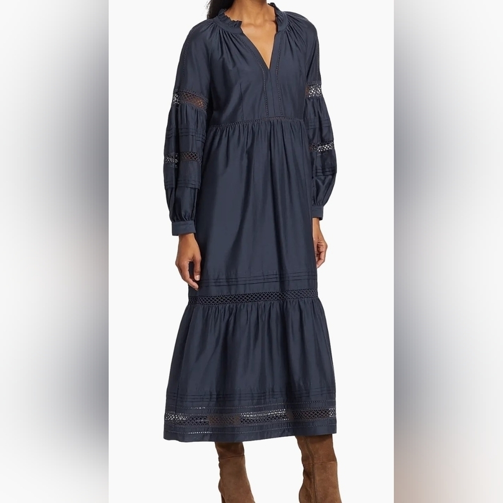 Marie Oliver Hanna Long Sleeve Cotton Silk Blend Midi Dress In Midnight Ink .